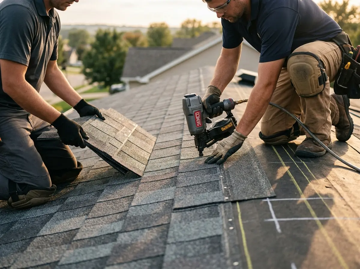 Professional roofer working on a residential roof in Kirtland
